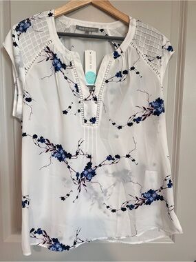 Daniel Rainn White Blouse with Blue Floral Print and Lace Yoke